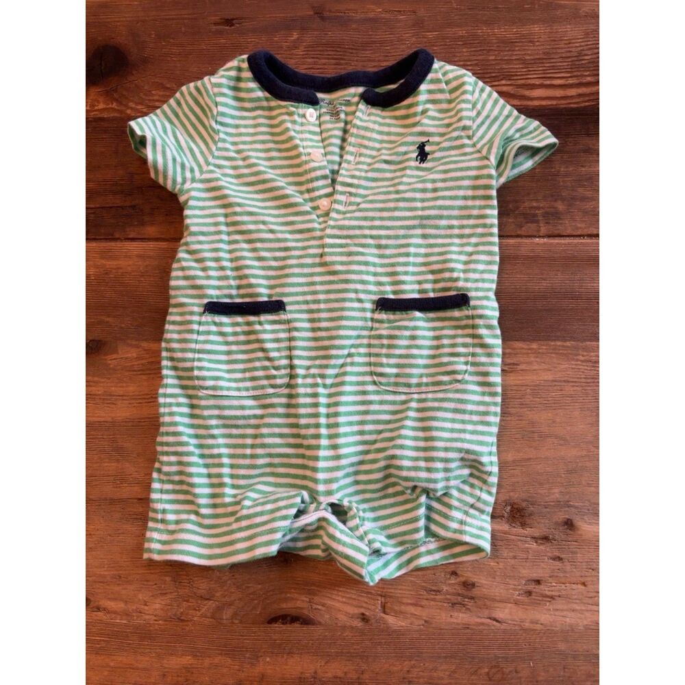 Ralph Lauren 3M Green White Striped Cotton Romper Navy Trim